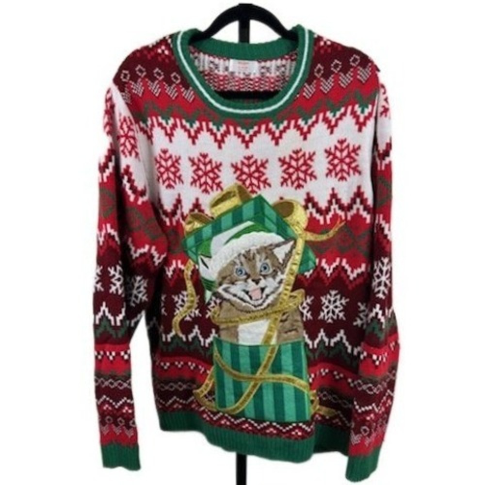 Holiday Time Men's Size XL‎ Ugly Christmas Cat Sweater Gift Print